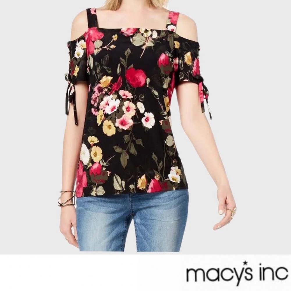 INC Black and Pink Floral Cold-Shoulder Blouse